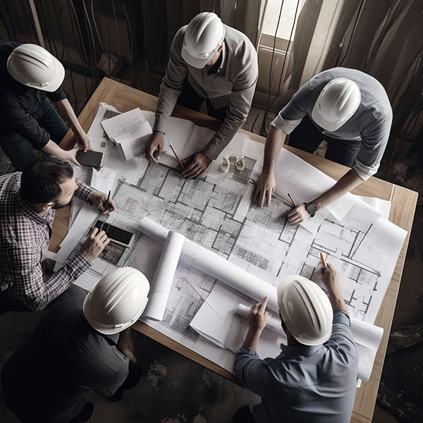 engineer and designer team works on a construction site. plannin